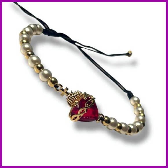 Adjustable Macrame Bracelet with Pearls Gold Beads Charm - Picture 7 of 7